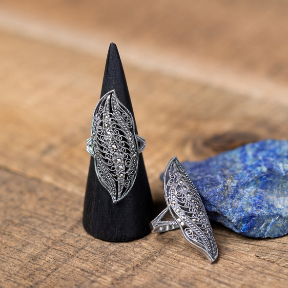 Marcasite Swoop + Spiral Marquise Design Rings