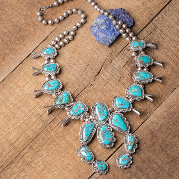 Antique Navajo Turquoise Squash Blossom Necklace