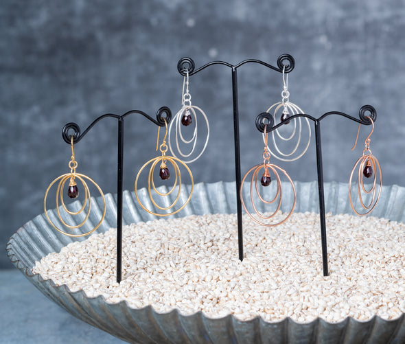 Triple Hoop Stone Drop Earrings